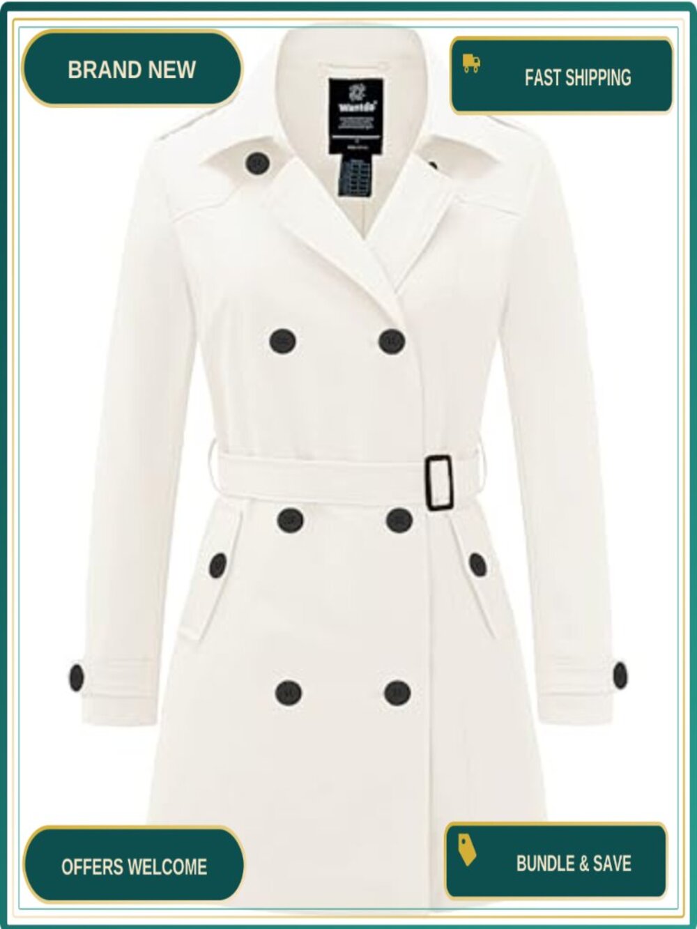 Women's Classic Trench Coat Double-Breasted Belted Water Repellent